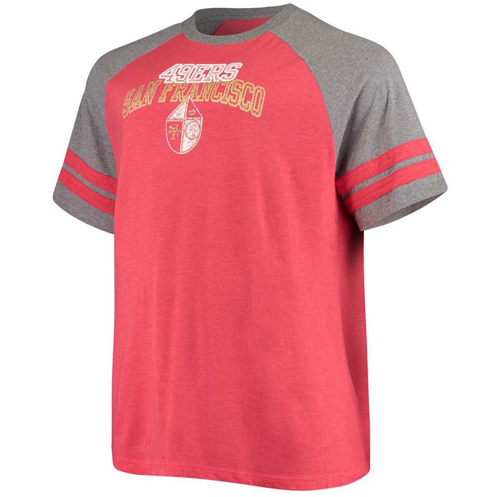 Men's Big and Tall Scarlet, Heathered Gray San Francisco 49Ers Throwback 2-Stripe Raglan T-shirt商品第3张图片规格展示