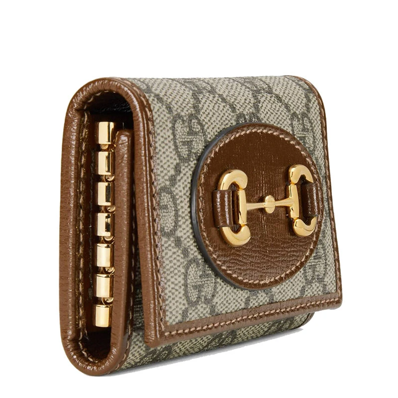 商品Gucci|GUCCI/古驰 2021秋冬Horsebit 1955系列 女士米色/乌木色GG Supreme帆布棕色皮革滚边金色调配件折叠钥匙包67178592TCG8563,价格¥2288,第6张图片详细描述