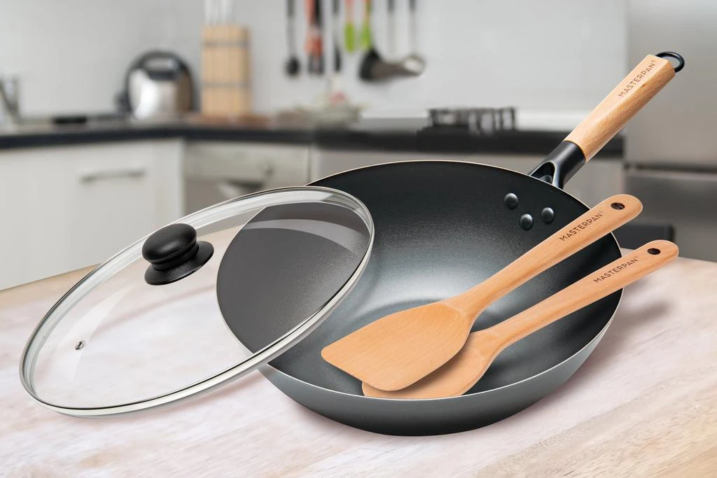 商品MASTERPAN|Carbon Steel Wok With Glass Lid & Wooden Utensils, Non-Stick Flat Bottom Asian Stir-Fry Cookware With Wooden Handle, 12” (30Cm),价格¥475,第5张图片详细描述