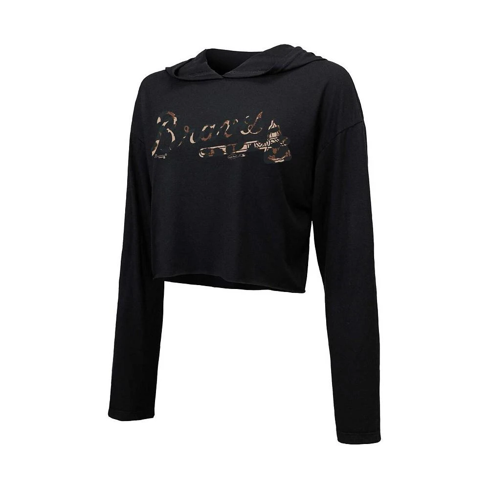 商品Majestic|Women's Threads Black Atlanta Braves Leopard Cropped Hoodie,价格¥358,第2张图片详细描述