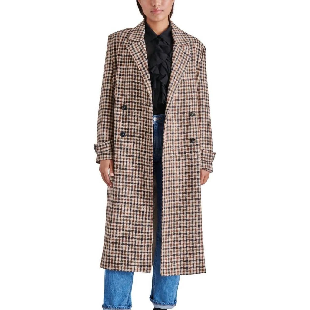 商品Steve Madden|Prince Double Breasted Long Coat In Brown Plaid,价格¥649,第2张图片详细描述