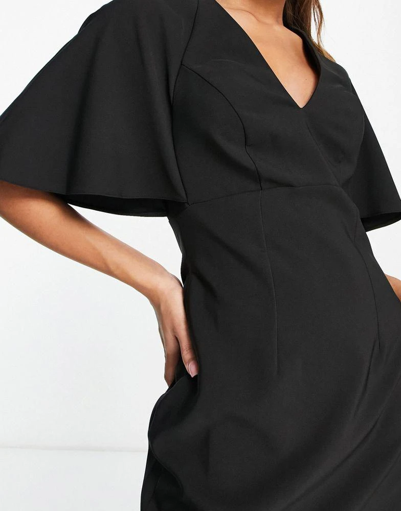 商品ASOS|ASOS DESIGN v neck mini dress with fluted sleeve in black,价格¥317,第3张图片详细描述
