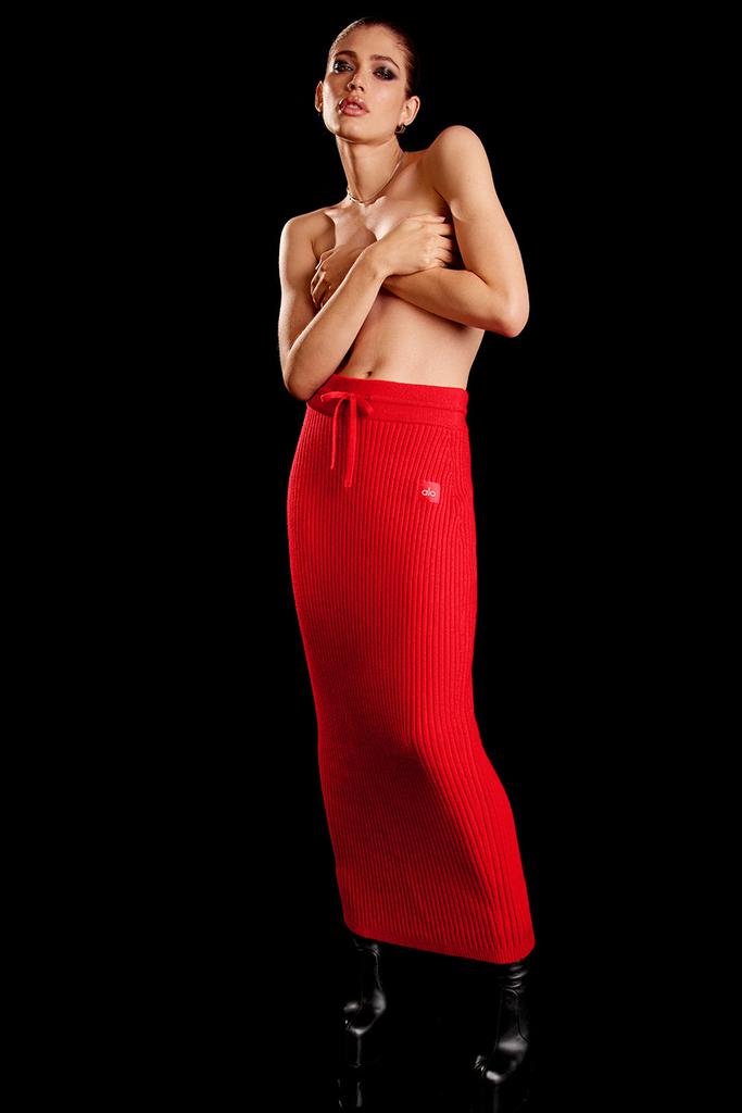 Cashmere Ribbed High-Waist Winter Dream Skirt - Red Flame商品第1张图片规格展示