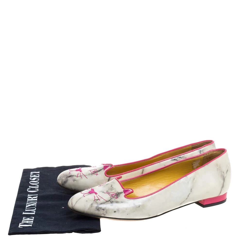 Charlotte Olympia Light Grey/Pink Marble Leather Kitty Flats Size 41 商品