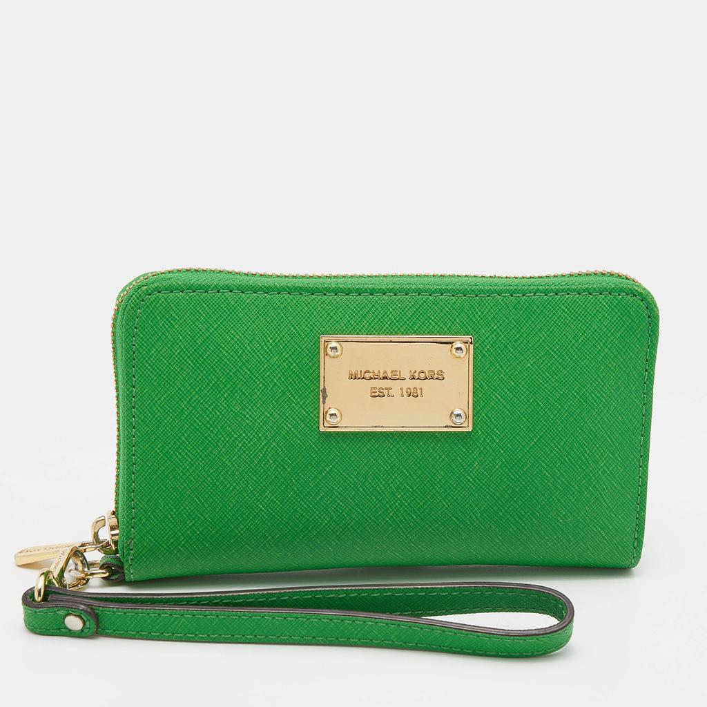 Michael Kors Green Leather Jet Set Zip Around Wristlet Wallet商品第1张图片规格展示