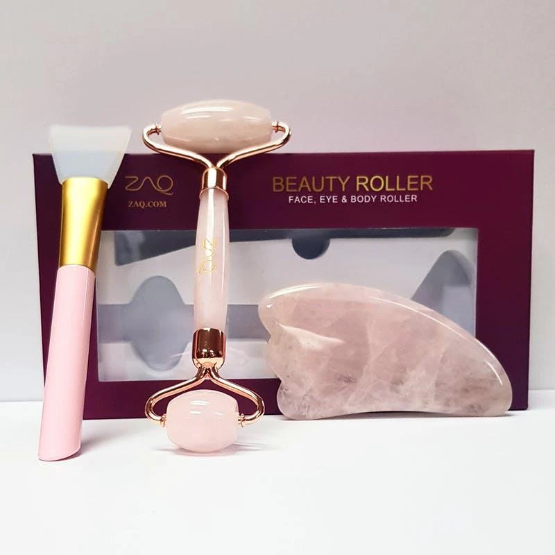 商品ZAQ|Rose Quartz Facial Roller, Gua Sha Board + Brush Set,价格¥302,第1张图片