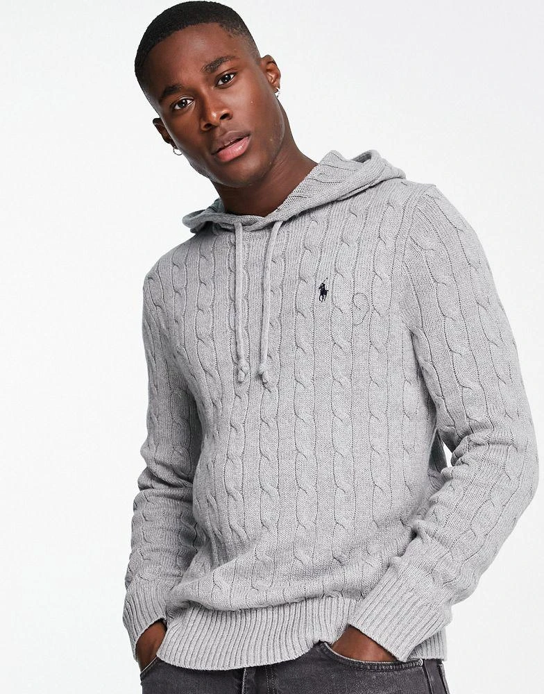 商品Ralph Lauren|Polo Ralph Lauren icon logo cotton cable knit hooded jumper in grey marl,价格¥1568,第1张图片