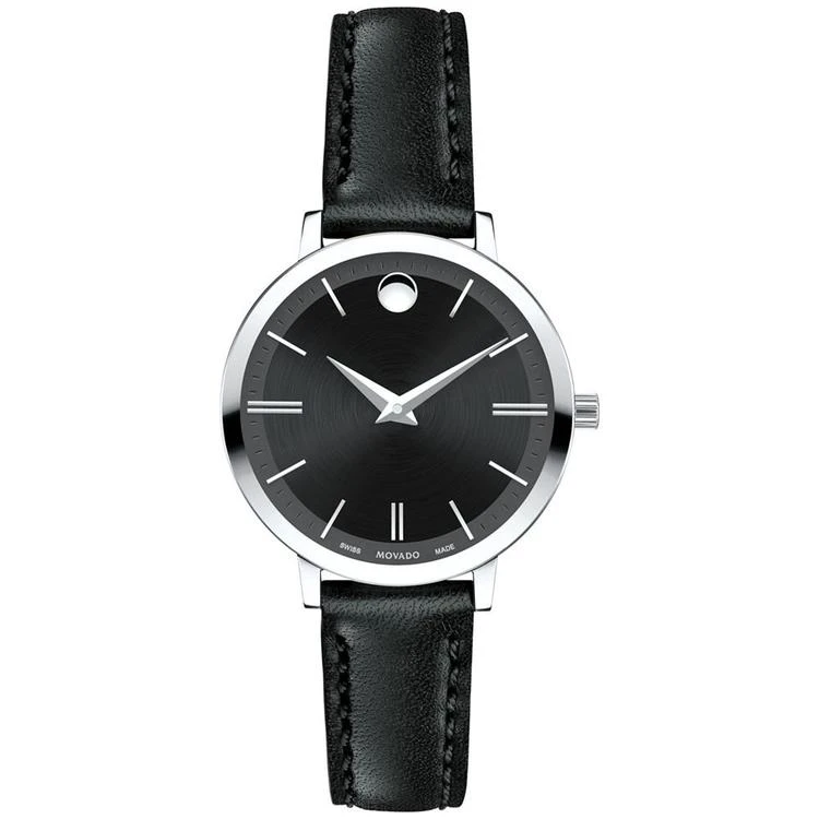 商品Movado|Women's Swiss Ultra Slim Black Leather Strap Watch 28mm 0607094,价格¥3744,第1张图片
