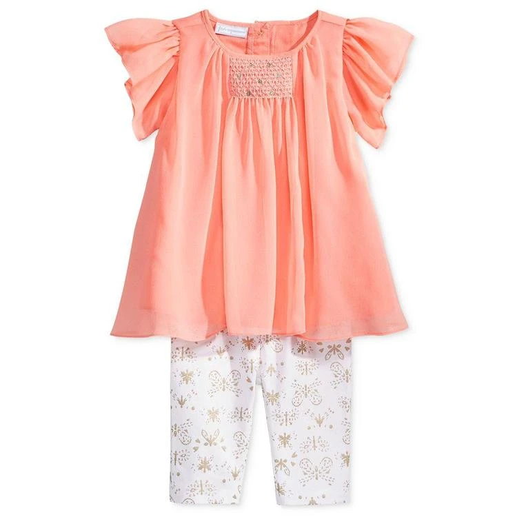 商品First Impressions|2-Pc. Smocked Tunic & Butterfly-Print Leggings Set, Baby Girls (0-24 months), Created for Macy's,价格¥57,第1张图片