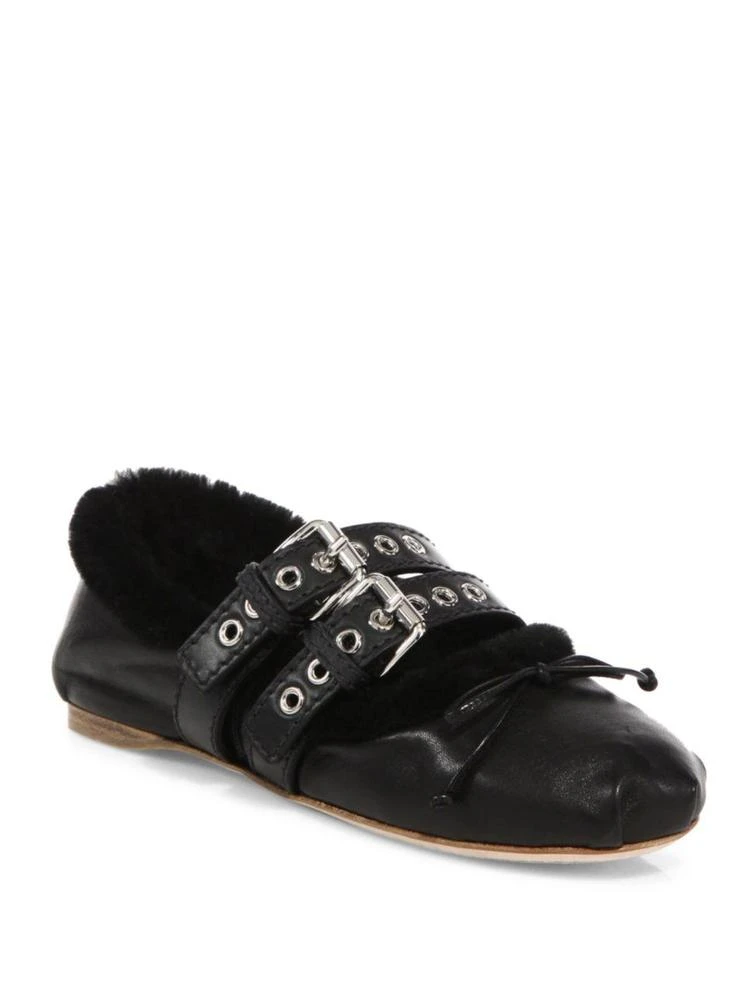 商品Miu Miu|Double-Strap Leather & Shearling Ballet Flats,价格¥2668,第1张图片