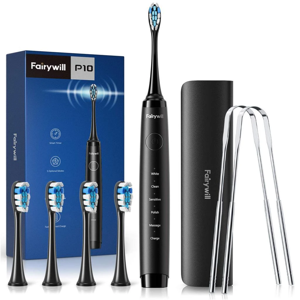 商品Fairywill|Electric Toothbrush for Adults, Fairywill PRO P10 Quieter Ultrasonic Whitening Toothbrush, USB Rechargeable with 5 Modes, Smart Timer, IPX7 waterproof, 4 Brush Heads & 2 Tongue scraper & 1 Travel Case,价格¥263,第1张图片