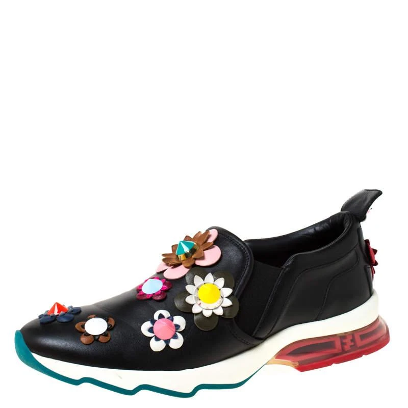 商品[二手商品] Fendi|Fendi Black Leather Flowerland Ffast Slip On Sneakers Size 40,价格¥2508,第1张图片