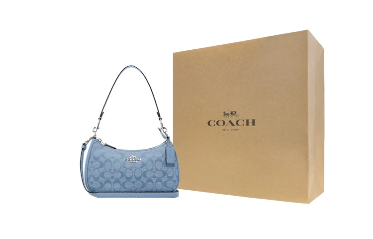 商品[国内直发] Coach|蔻驰 Teri 25 经典老花提花拉链开合香布蕾chambray 织物拼牛皮革 腋下包手提单肩包 中号 女款 淡蓝色,价格¥4003,第5张图片详细描述