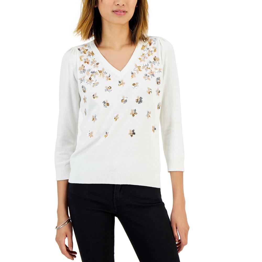 Petite Embellished V-Neck Sweater, Created for Macy's商品第1张图片规格展示