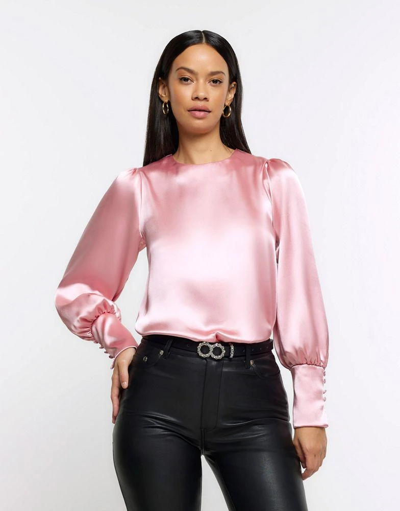 商品River Island|River Island Satin long sleeve blouse in pink - medium,价格¥292,第1张图片