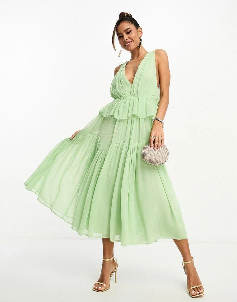 商品ASOS|ASOS DESIGN plunge pleated tiered midi dress in sage green,价格¥285,第3张图片详细描述