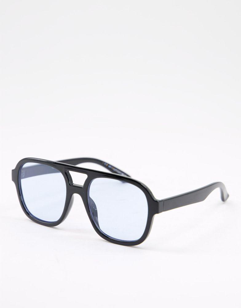 ASOS DESIGN frame aviator sunglasses with blue lens in black   - BLACK商品第1张图片规格展示
