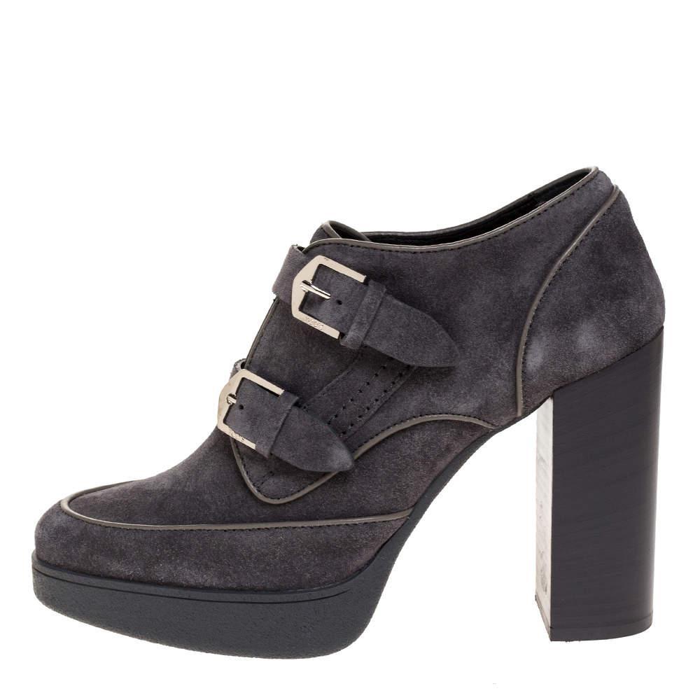 商品Tod's|Tod's Grey Suede Leather Platform Block Heel Ankle Booties Size 39,价格¥1111,第4张图片详细描述