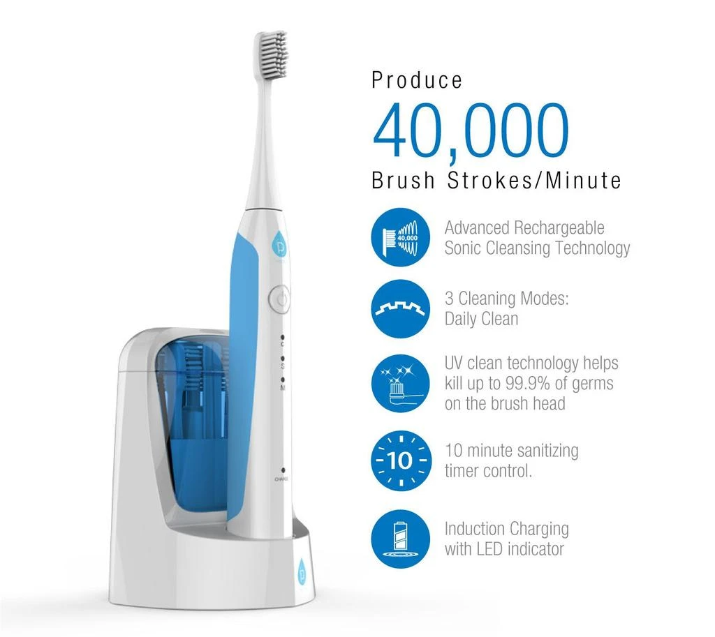 商品PURSONIC|Sonic SmartSeries Electronic Power Rechargeable Battery Toothbrush with UV Sanitizing Function,  Includes 12 Brush Heads,WHITE,价格¥326,第2张图片详细描述