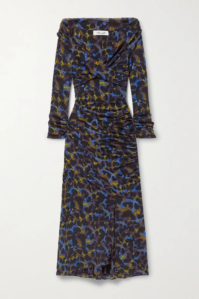 商品Diane von Furstenberg|Ganesa 露肩褶饰豹纹弹力网布中长连衣裙,价格¥2457,第1张图片