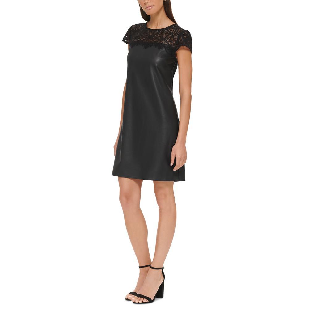 Women's Lace-Trim Faux-Leather Shift Dress商品第3张图片规格展示