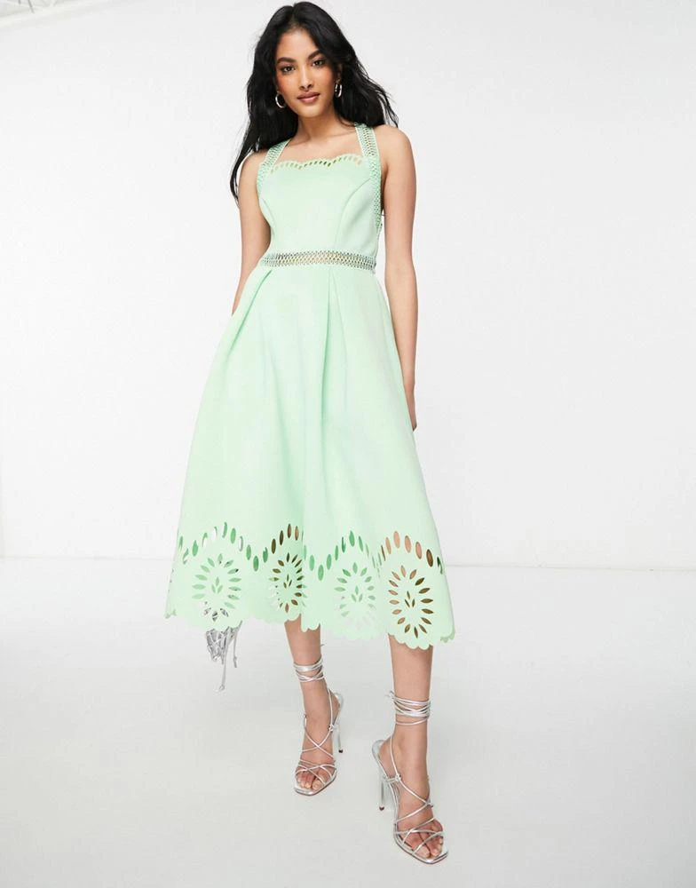 商品ASOS|ASOS DESIGN cut work midi dress with scallop hem in green ash,价格¥245,第3张图片详细描述