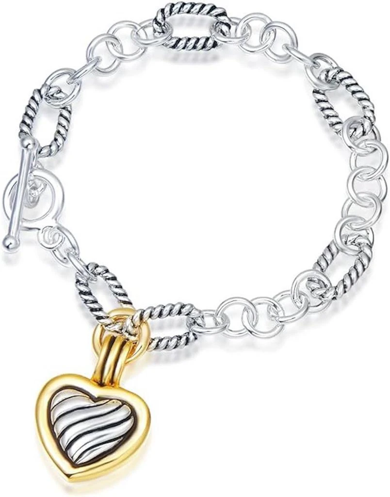 商品Liv Oliver|18k Gold Two Tone Textured Link Love Charm Bracelet,价格¥1866,第2张图片详细描述