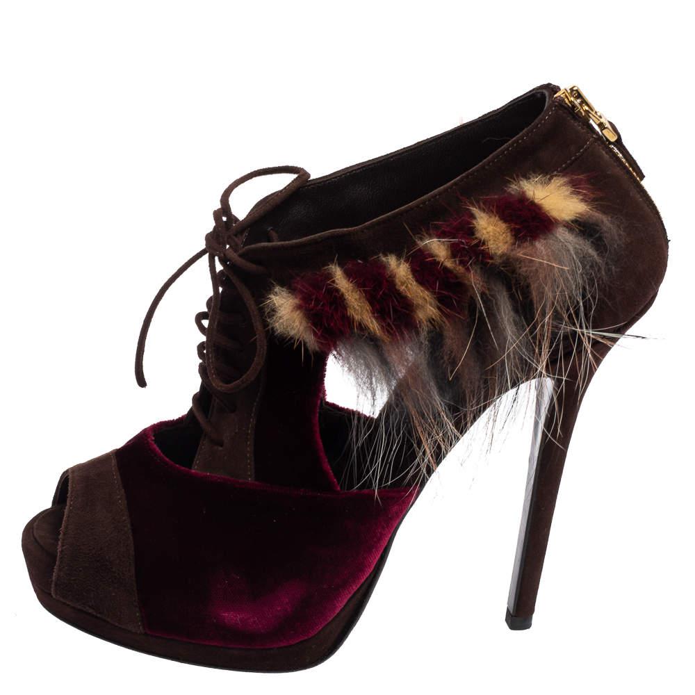 Fendi Burgundy/Brown Velvet, Suede and Fur Trim Lace-Up Peep-Toe Ankle Booties Size 40商品第2张图片规格展示