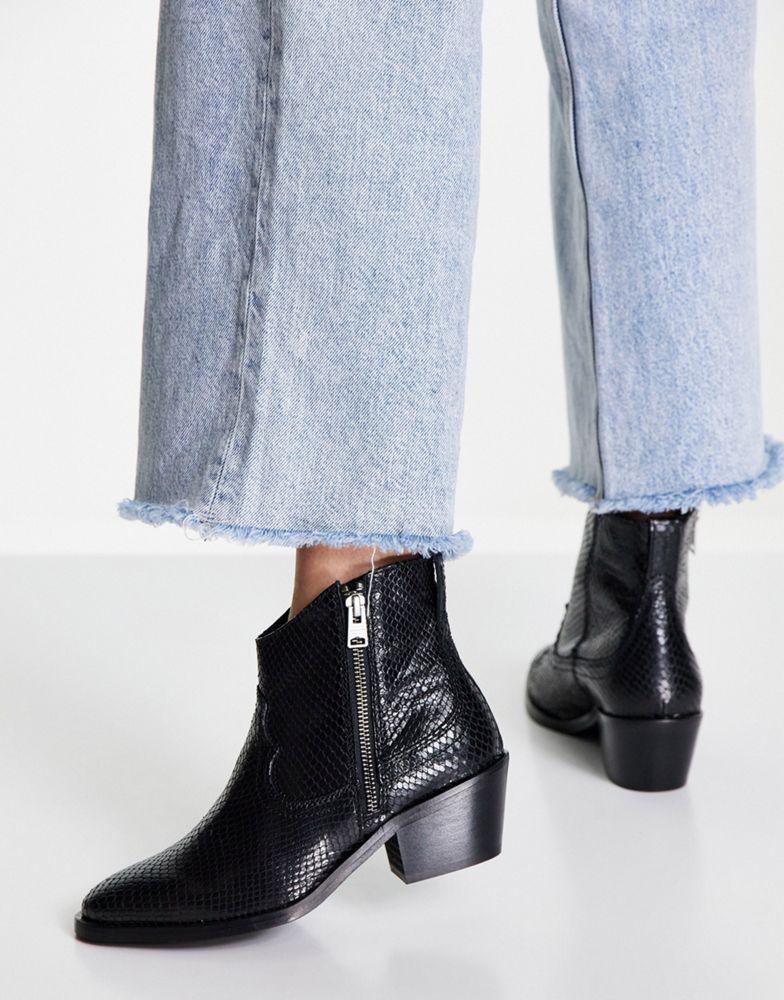 商品ALL SAINTS|All Saints carlotta snake leather heeled side zip ankle boots in black,价格¥1171,第5张图片详细描述
