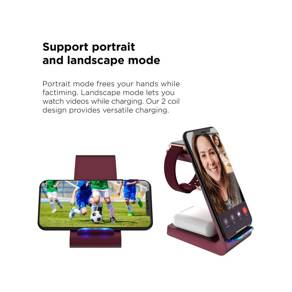 Unisex Air 3 Burgundy Silicone Strap Smartwatch with 3 in 1 Wireless Charging Station Set 商品