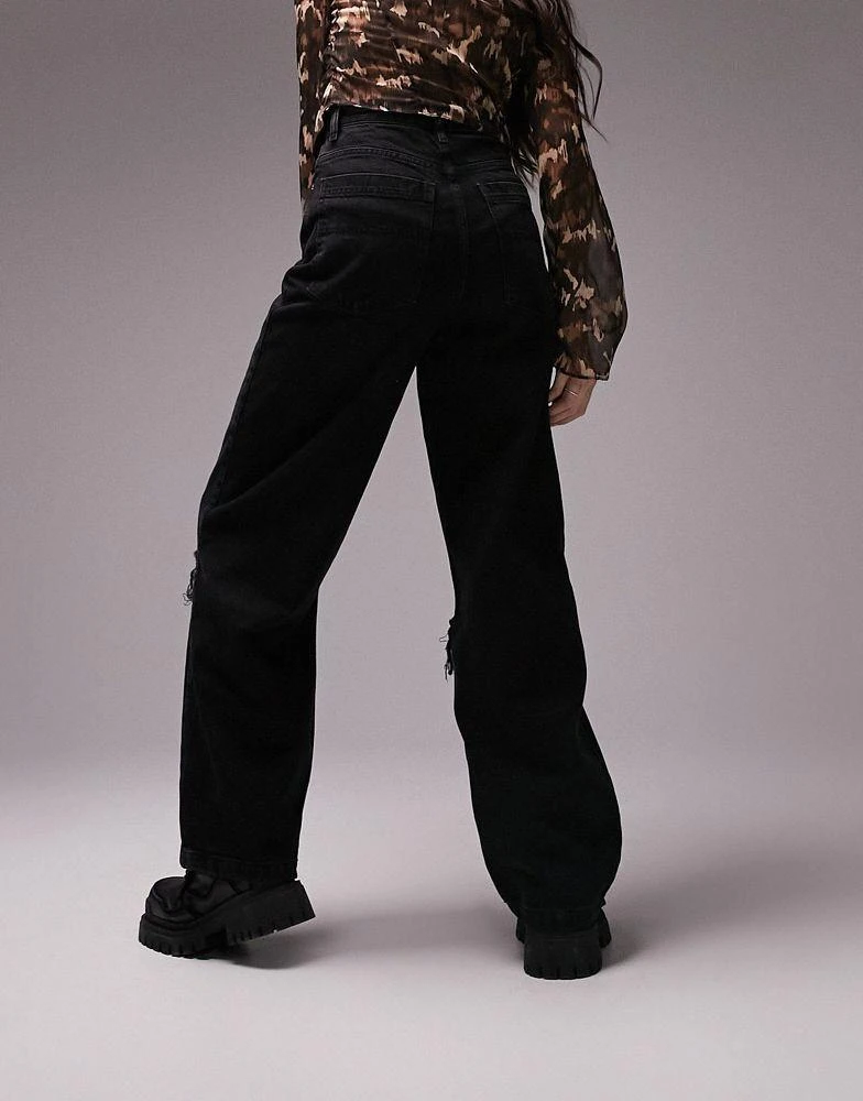 商品Topshop|Topshop Baggy jeans with knee rips in washed black,价格¥163,第3张图片详细描述