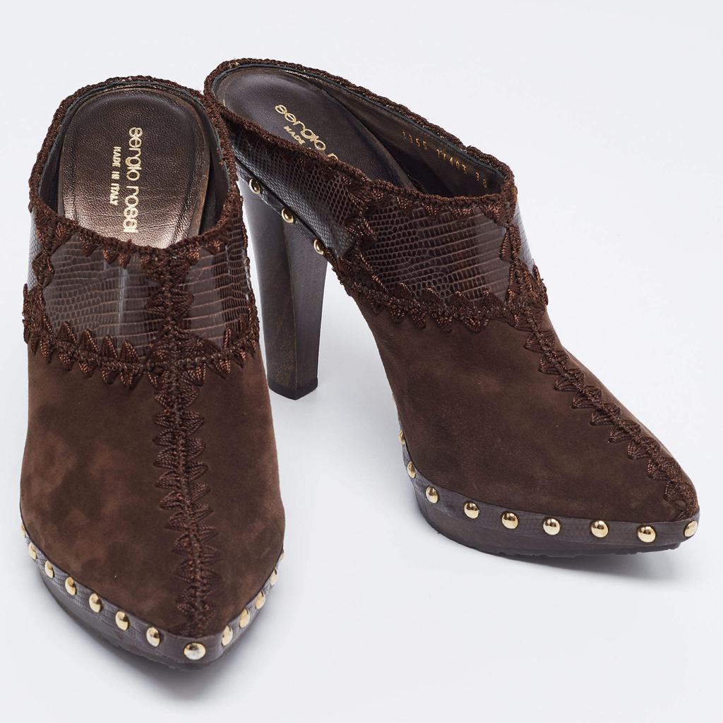 Sergio Rossi Brown Lizard Embossed Leather and Suede Studded Platform Mules Size 38商品第4张图片规格展示