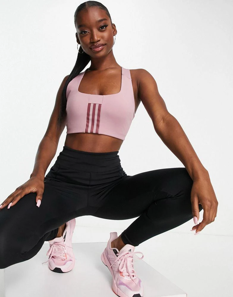 商品Adidas|adidas Training 3 Stripe design mid-support sports bra in dark pink,价格¥165,第4张图片详细描述