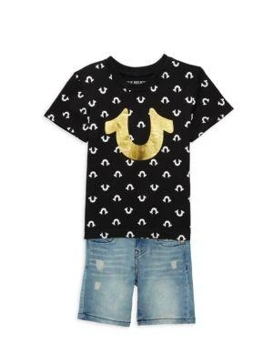 商品True Religion|Little Boy’s 2-Piece Metallic Logo Tee & Denim Shorts Set,价格¥119,第1张图片
