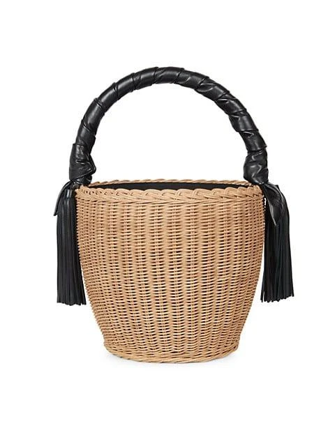 商品Yves Saint Laurent|Panier Leather-Trimmed Straw Bucket Bag,价格¥11915,第4张图片详细描述