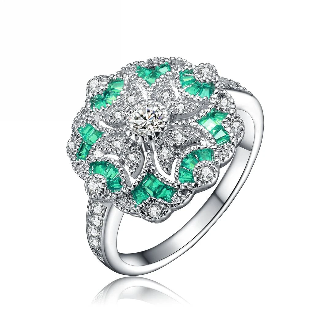 商品Genevive|GENEVIVE Sterling Silver Emerald Cubic Zirconia Floral Cocktail Ring,价格¥360,第1张图片