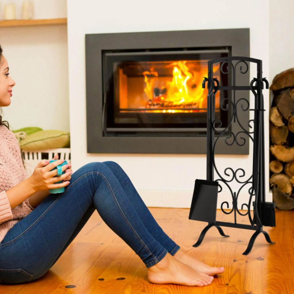 商品Hivvago|5 Piece Wrought Iron Fireplace Tools with Decor Holder-Black,价格¥591,第2张图片详细描述