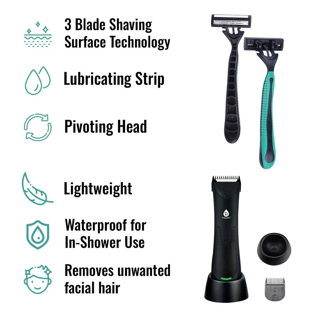 商品PURSONIC|Pursonic - Mario Lopez Wireless Body Hair Trimmer & Shaver and Mario Lopez Disposable Razors - 3 Blade Shaving Surface Technology,价格¥512,第2张图片详细描述
