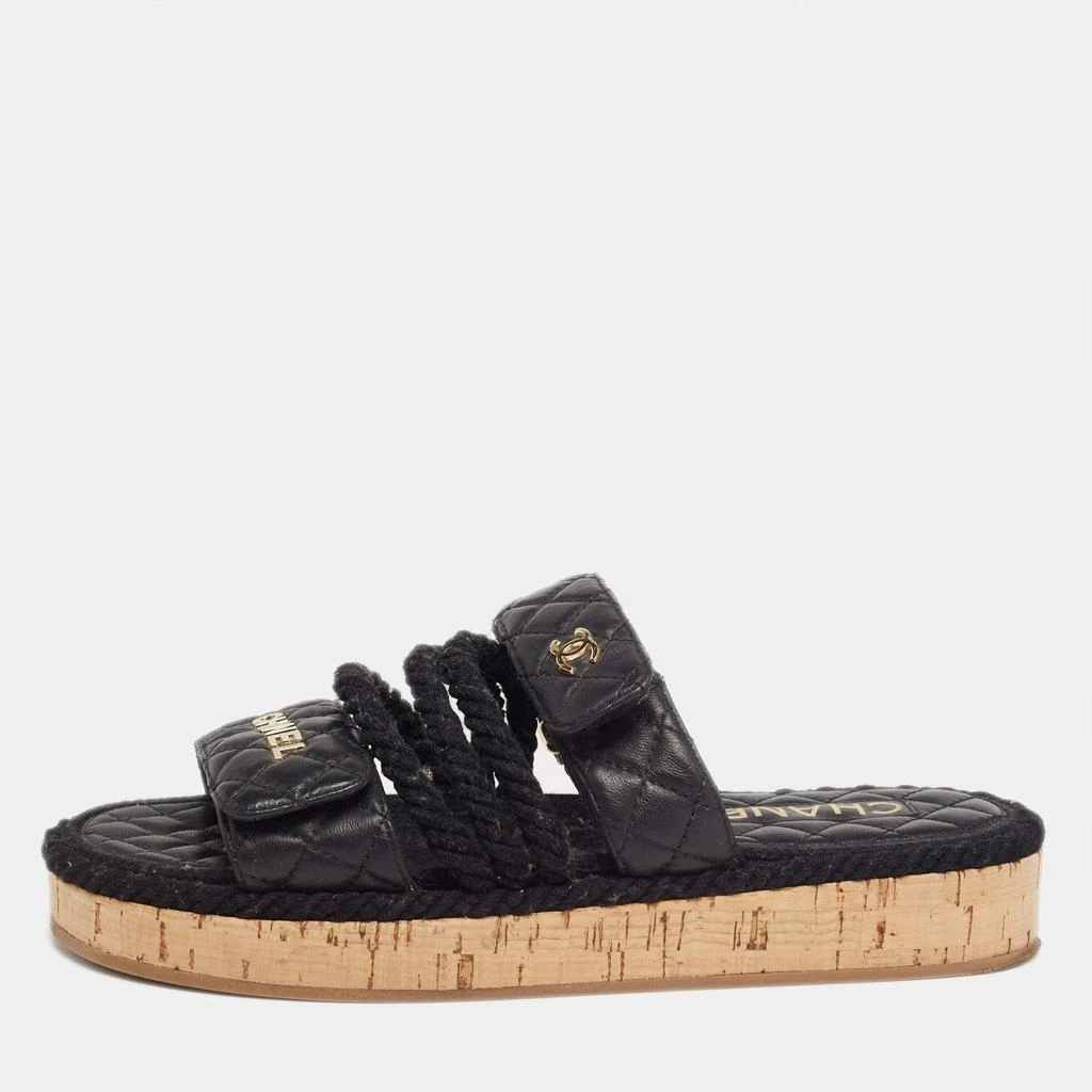 商品[二手商品] Chanel|Chanel Black Leather Quilted Rope CC Flat Sandals Size 38,价格¥7599,第1张图片