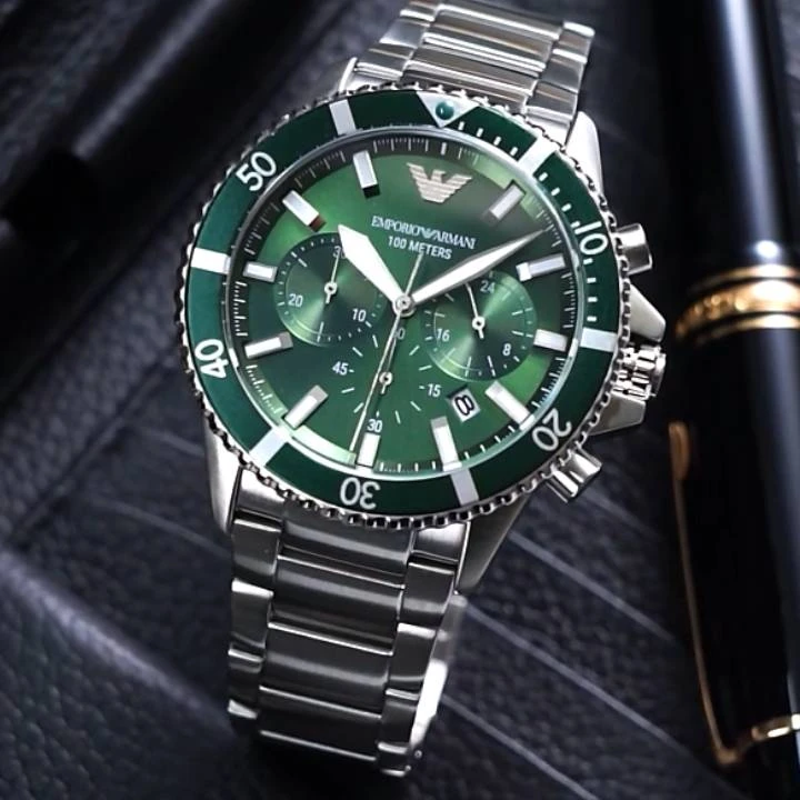 商品[国内直发] Emporio Armani|阿玛尼 腕表 石英机芯 不锈钢表带 43mm 绿色表盘 男表 阿玛尼绿水鬼多功能三眼计时,价格¥2393,第11张图片详细描述