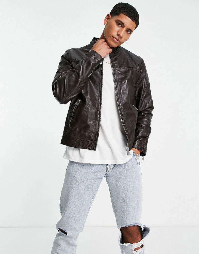 商品ASOS|ASOS DESIGN real leather racer jacket in brown,价格¥902,第1张图片