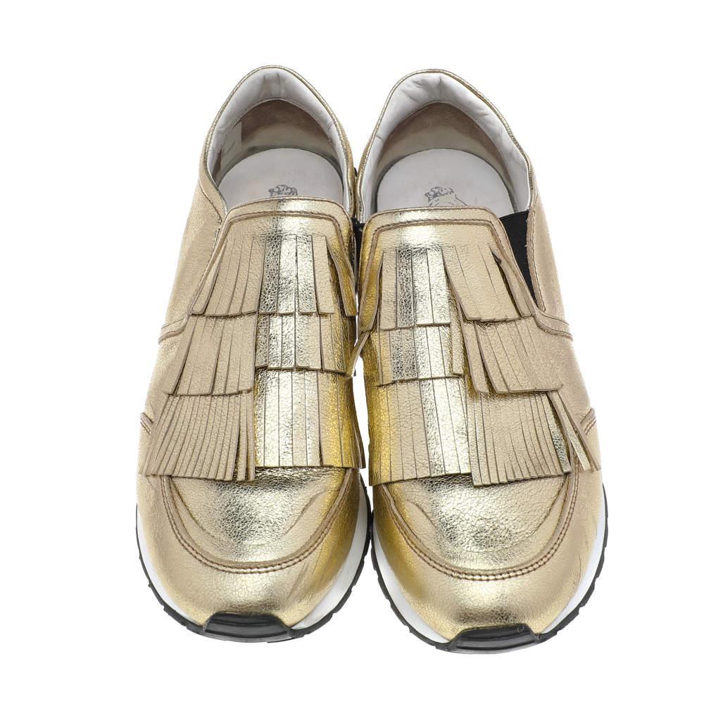 商品[二手商品] Tod's|Tod's Gold Leather Fringe Detail Low Top Sneakers Size 39,价格¥2527,第5张图片详细描述