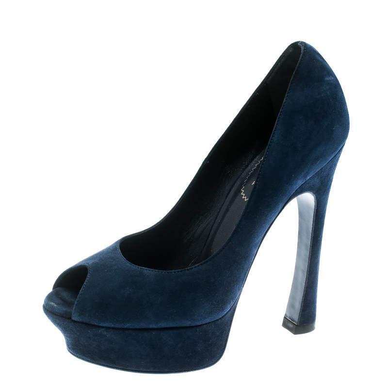 商品[二手商品] Yves Saint Laurent|Saint Laurent Blue Suede Palais Platform Peep Toe Pumps Size 36,价格¥1588,第1张图片