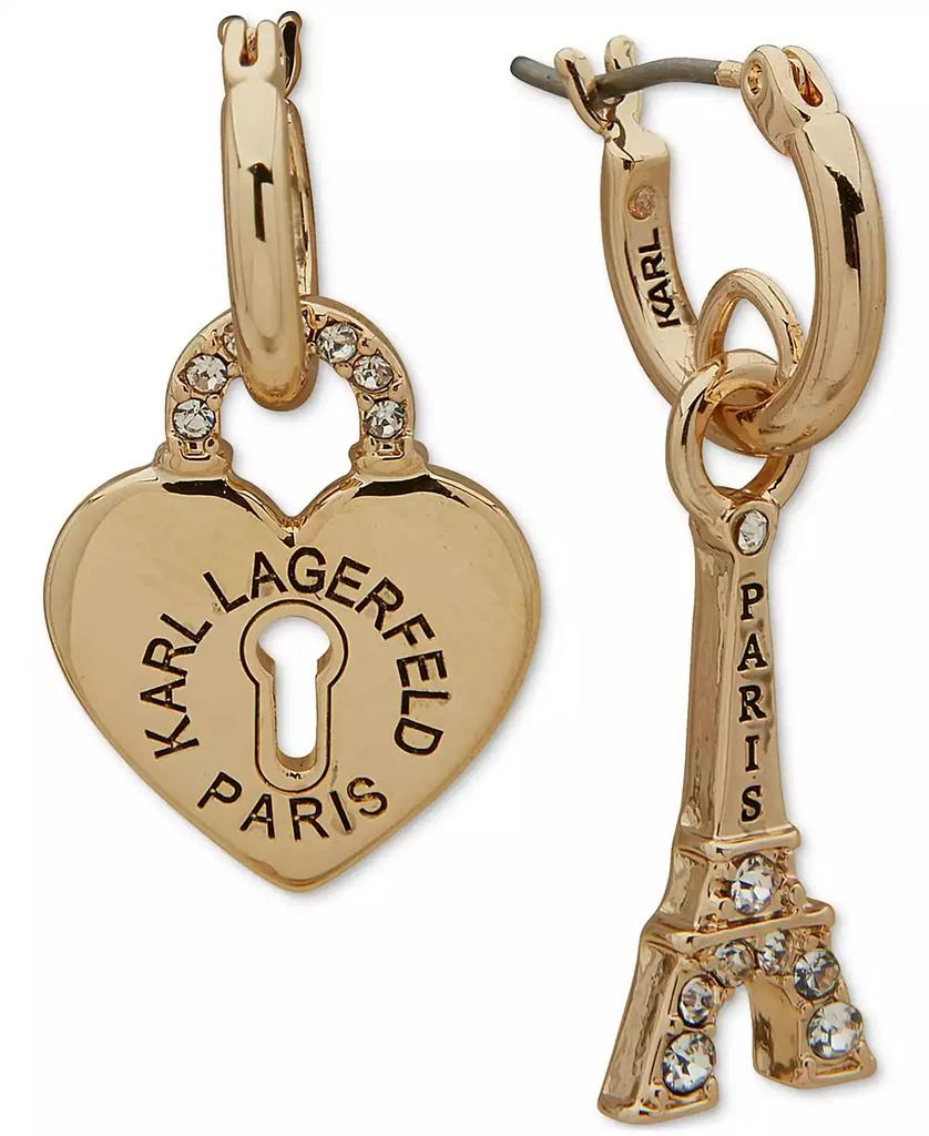 商品Karl Lagerfeld Paris|Gold-Tone Pavé Heart Padlock & Eiffel Towel Mismatch Charm Hoop Earrings,价格¥180,第1张图片