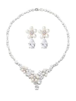 Luxe Emma 3MM White Oval Freshwater Pearl & Crystal Necklace & Drop Earrings Set商品第1张图片规格展示