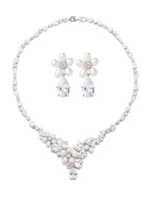 商品Eye Candy LA|Luxe Emma 3MM White Oval Freshwater Pearl & Crystal Necklace & Drop Earrings Set,价格¥962,第1张图片