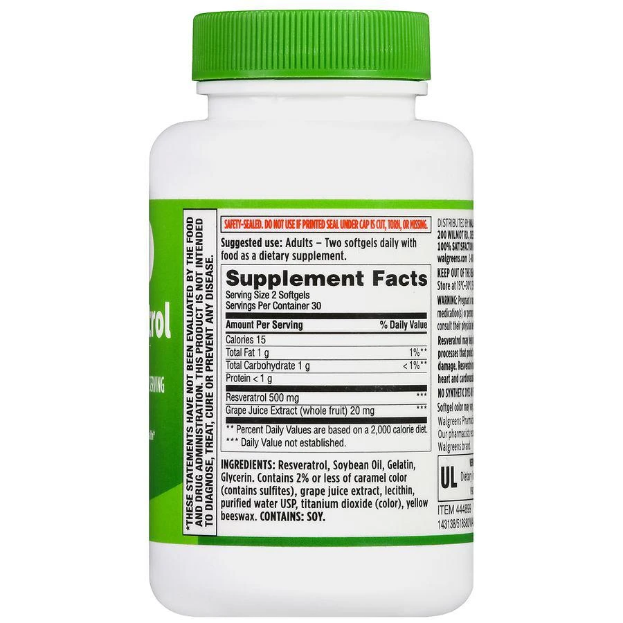 商品Walgreens|Resveratrol 500 mg Softgels (30 days),价格¥209,第3张图片详细描述