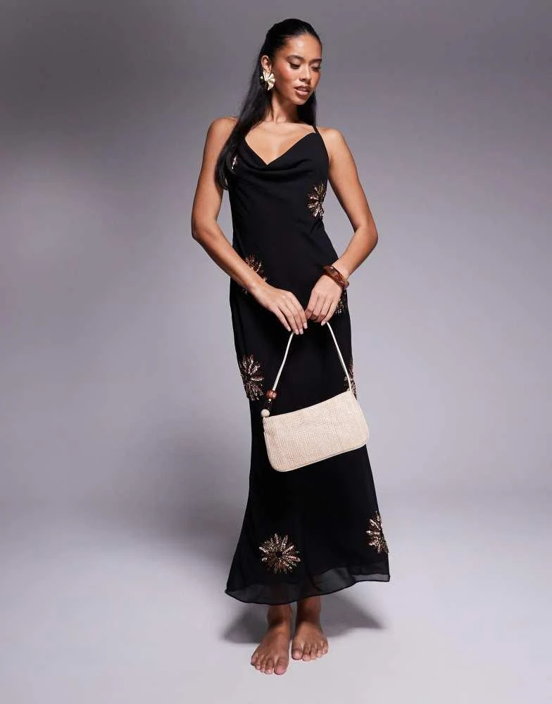 商品River Island|River Island sequin cowl neck maxi dress in black,价格¥817,第4张图片详细描述