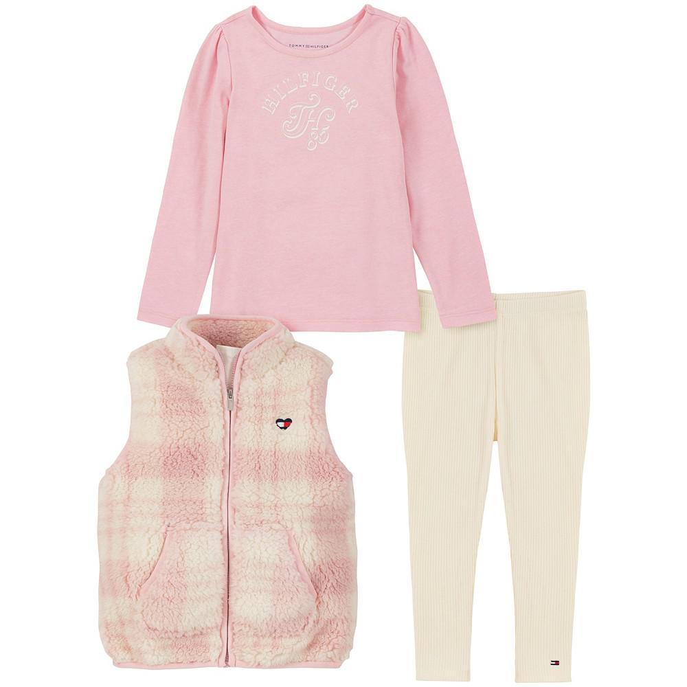 商品Tommy Hilfiger|Baby Girls Plaid Sherpa Vest, Logo T-shirt and Ribbed Leggings, 3 Piece Set,价格¥385,第1张图片