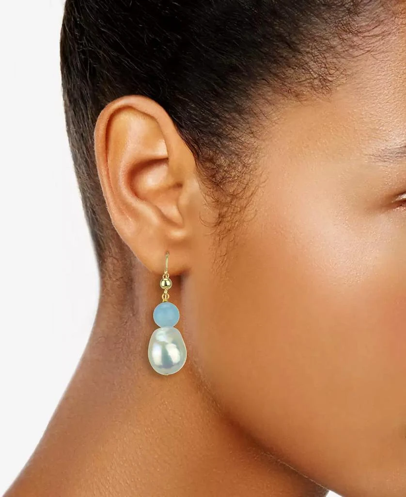 商品Macy's|White Freshwater Cultured Pearl (11-14mm) and Blue Aquamarine (9 1/ 2 ct. t.w) Dangle Earrings in 14k Yellow Gold,价格¥1049,第2张图片详细描述